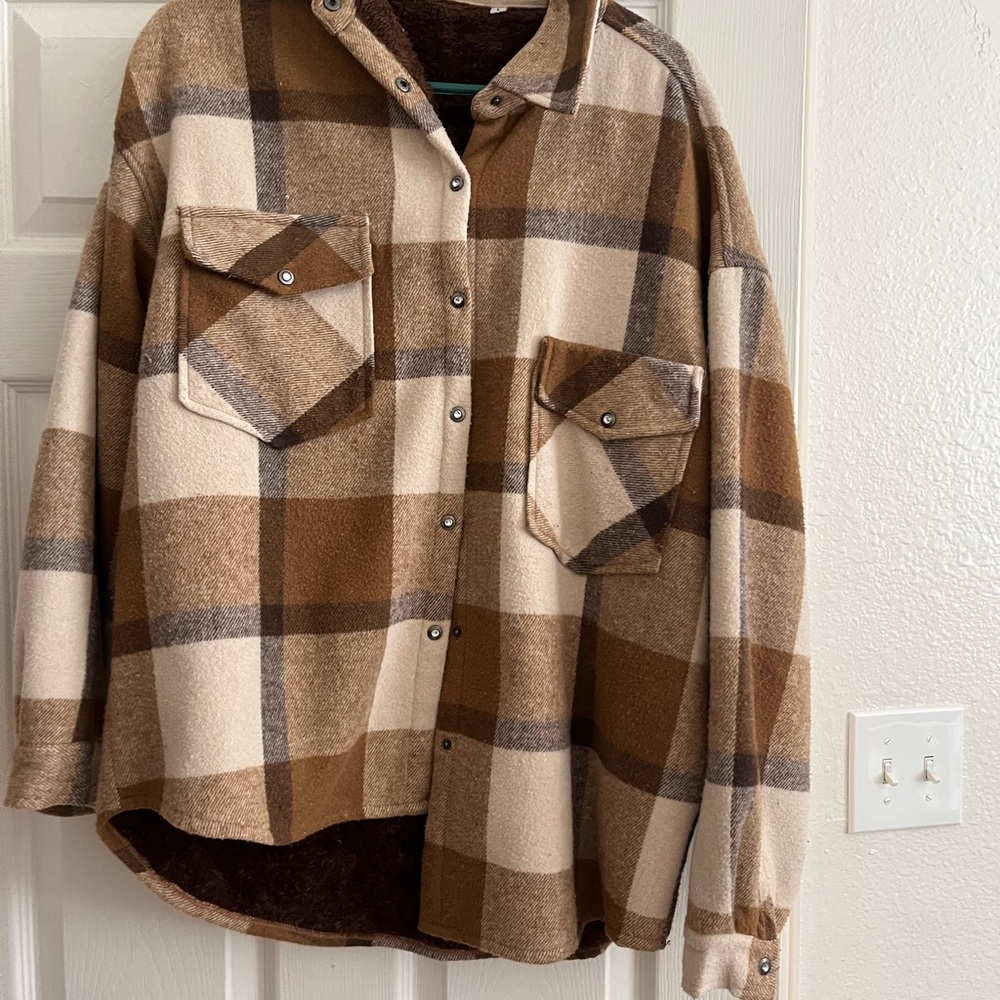 Amazon Women's Plaid Teddy Jacket in Brown and Cream